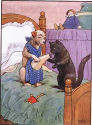 She went to the hatters to buy him a hat, when she came back he was feeding the cat